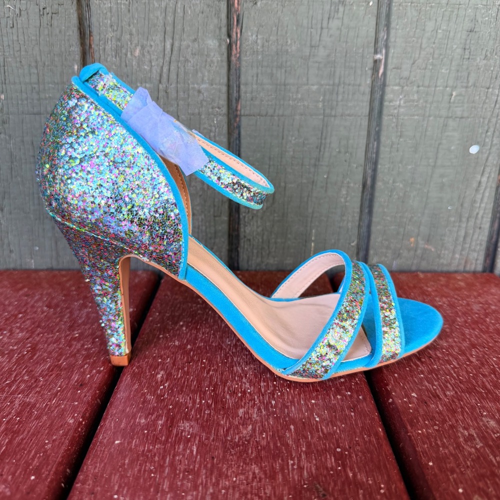 Qupid Ilicia-14 Mint Multi Glitter Ankle Strap Stiletto Heels Women Size 6.5 NEW